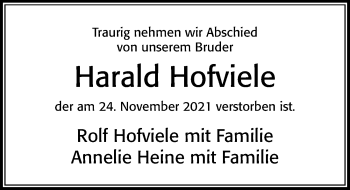 Traueranzeige von Harald Hofviele von Cellesche Zeitung
