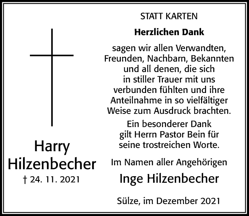  Traueranzeige für Harry Hilzenbecher vom 18.12.2021 aus Cellesche Zeitung