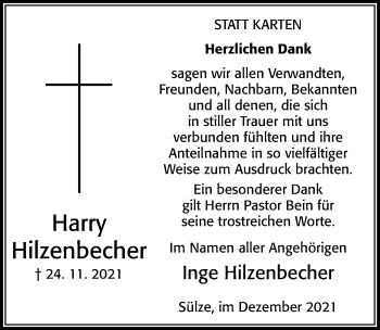 Traueranzeige von Harry Hilzenbecher von Cellesche Zeitung