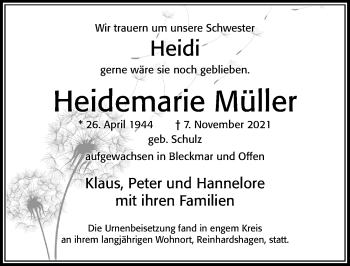Traueranzeige von Heidemarie Müller von Cellesche Zeitung