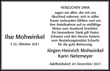 Traueranzeige von Ilse Mohwinkel von Cellesche Zeitung