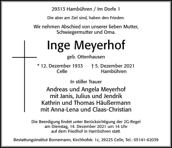 Traueranzeige von Inge Meyerhof von Cellesche Zeitung