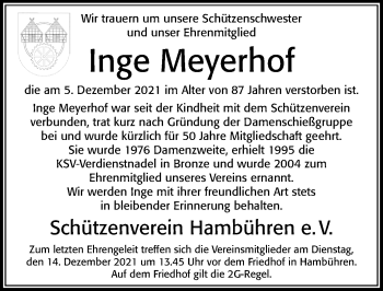 Traueranzeige von Inge Meyerhof von Cellesche Zeitung