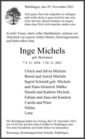 Traueranzeige von Inge Michels von Cellesche Zeitung