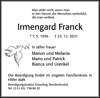 Traueranzeige von Irmengard Franck von Cellesche Zeitung
