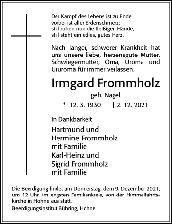 Traueranzeige von Irmgard Frommholz von Cellesche Zeitung