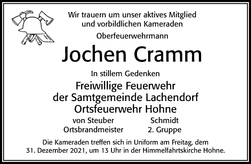  Traueranzeige für Jochen Cramm vom 28.12.2021 aus Cellesche Zeitung