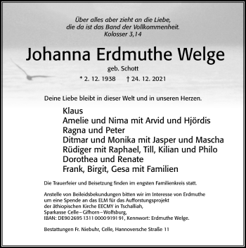 Traueranzeige von Johanna Erdmuthe Welge von Cellesche Zeitung