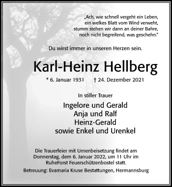 Traueranzeige von Karl-Heinz Hellberg von Cellesche Zeitung