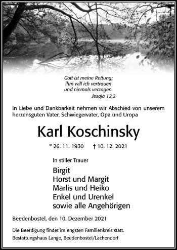 Traueranzeige von Karl Koschinsky von Cellesche Zeitung