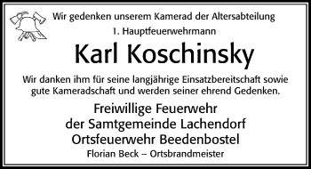 Traueranzeige von Karl Koschinsky von Cellesche Zeitung