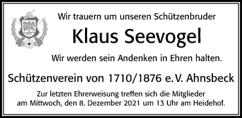 Traueranzeige von Klaus Seevogel von Cellesche Zeitung