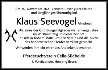 Traueranzeige von Klaus Seevogel von Cellesche Zeitung