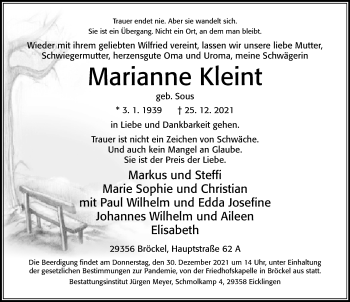 Traueranzeige von Marianne Kleint von Cellesche Zeitung