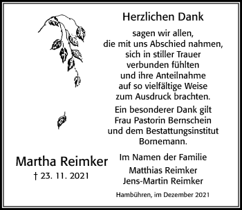 Traueranzeige von Martha Reimker von Cellesche Zeitung