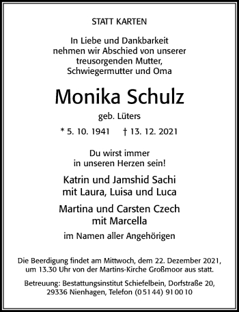 Traueranzeige von Monika Schulz von Cellesche Zeitung
