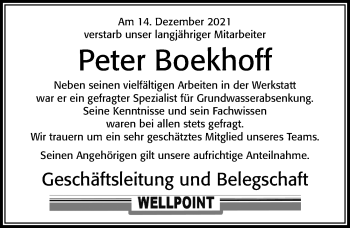 Traueranzeige von Peter Boekhoff von Cellesche Zeitung