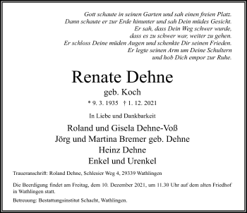 Traueranzeige von Renate Dehne von Cellesche Zeitung
