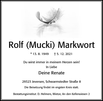 Traueranzeige von Rolf  Markwort von Cellesche Zeitung