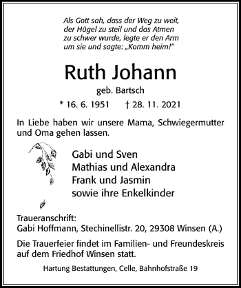 Traueranzeige von Ruth Johann von Cellesche Zeitung