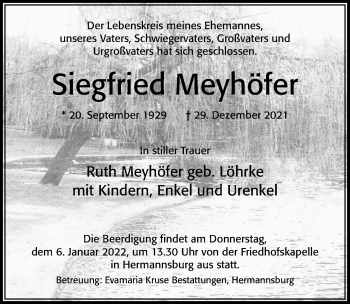 Traueranzeige von Siegfried Meyhöfer von Cellesche Zeitung