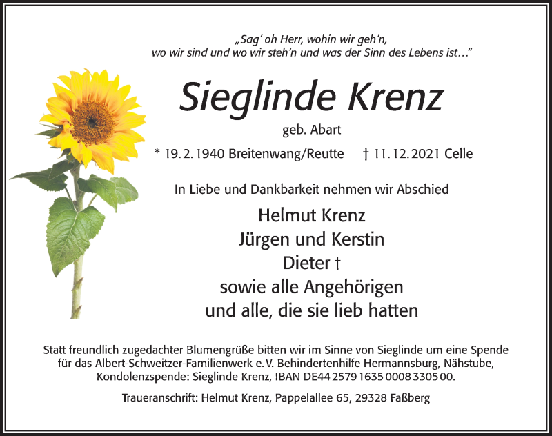  Traueranzeige für Sieglinde Krenz vom 17.12.2021 aus Cellesche Zeitung