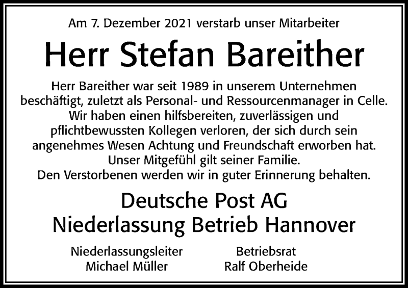  Traueranzeige für Stefan Bareither vom 11.12.2021 aus Cellesche Zeitung