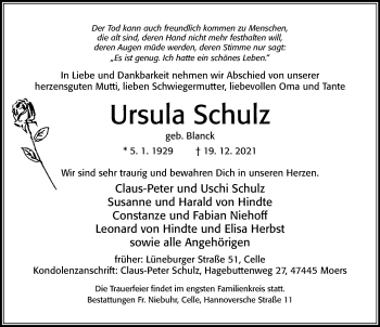 Traueranzeige von Ursula Schulz von Cellesche Zeitung