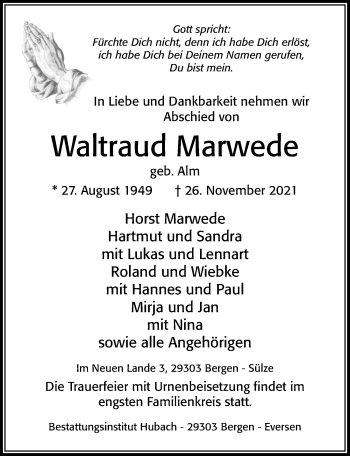 Traueranzeige von Waltraud Marwede von Cellesche Zeitung