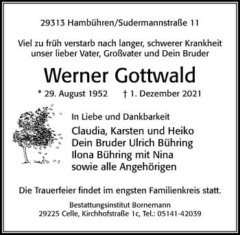Traueranzeige von Werner Gottwald von Cellesche Zeitung