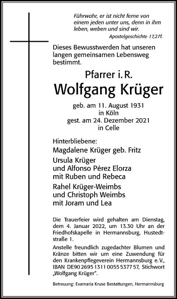 Traueranzeige von Wolfgang Krüger von Cellesche Zeitung