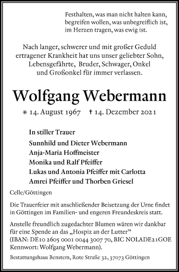 Traueranzeige von Wolfgang Webermann von Cellesche Zeitung