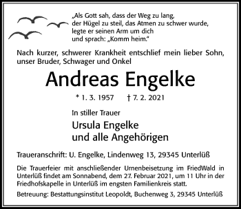 Traueranzeige von Andreas Engelke von Cellesche Zeitung