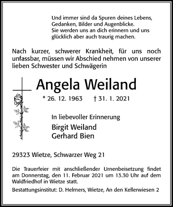 Traueranzeige von Angela Weiland von Cellesche Zeitung