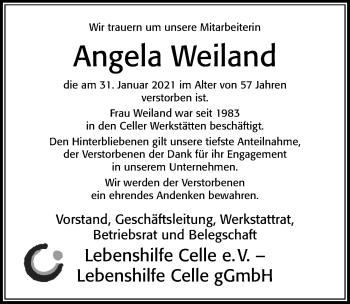Traueranzeige von Angela Weiland von Cellesche Zeitung