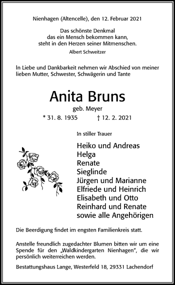 Traueranzeige von Anita Bruns von Cellesche Zeitung