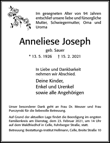 Traueranzeige von Anneliese Joseph von Cellesche Zeitung