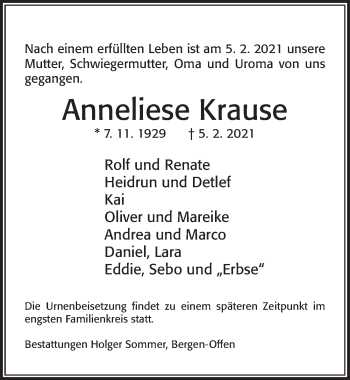 Traueranzeige von Anneliese Krause von Cellesche Zeitung
