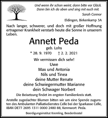 Traueranzeige von Annett Peda von Cellesche Zeitung