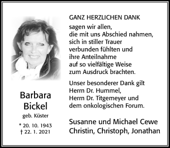 Traueranzeige von Barbara Bickel von Cellesche Zeitung
