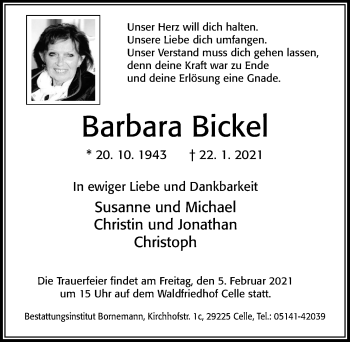 Traueranzeige von Barbara Bickel von Cellesche Zeitung