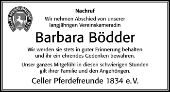 Traueranzeige von Barbara Bödder von Cellesche Zeitung