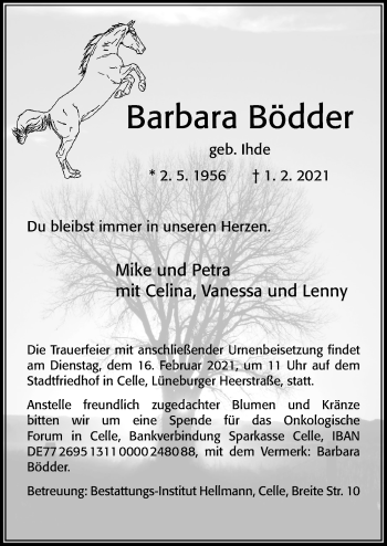 Traueranzeige von Barbara Bödder von Cellesche Zeitung