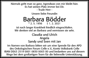 Traueranzeige von Barbara Bödder von Cellesche Zeitung