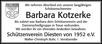 Traueranzeige von Barbara Kotzerke von Cellesche Zeitung