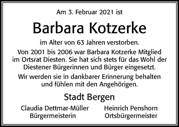 Traueranzeige von Barbara Kotzerke von Cellesche Zeitung