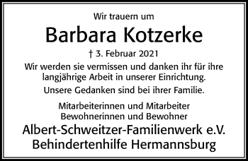 Traueranzeige von Barbara Kotzerke von Cellesche Zeitung