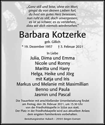 Traueranzeige von Barbara Kotzerke von Cellesche Zeitung