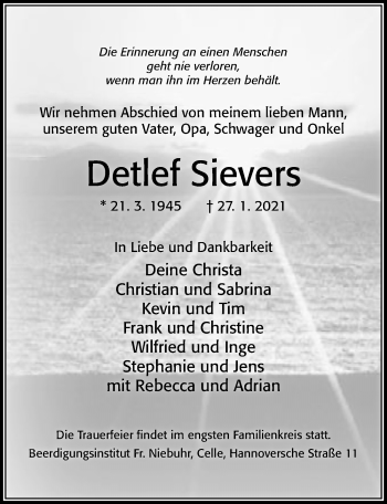 Traueranzeige von Detlef Sievers von Cellesche Zeitung