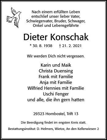 Traueranzeige von Dieter Konschak von Cellesche Zeitung